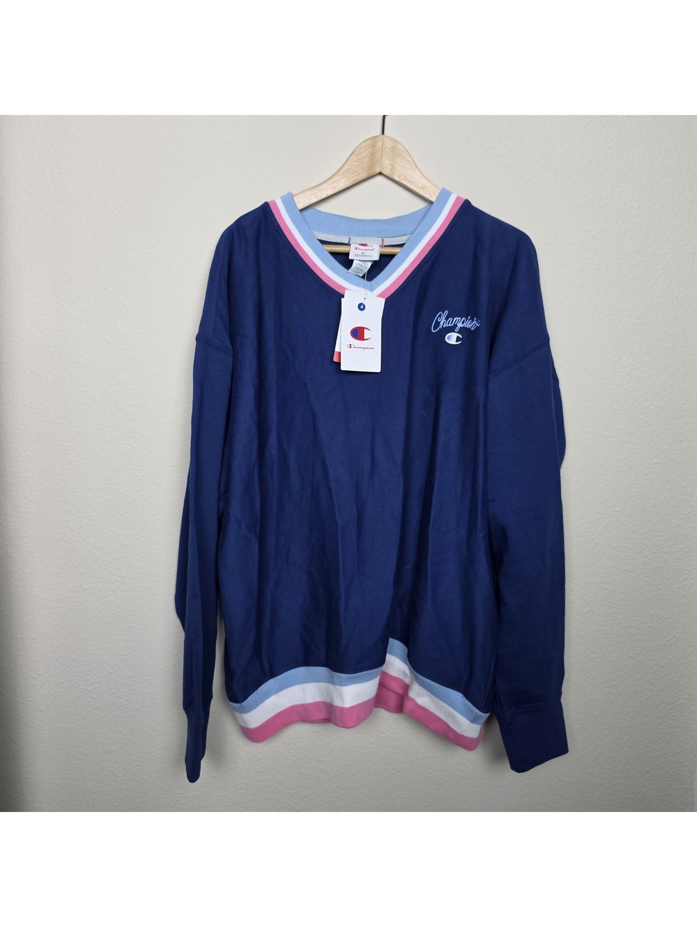 Champion Men's Club Sport Striped V-Neck French Terry Pullover XL